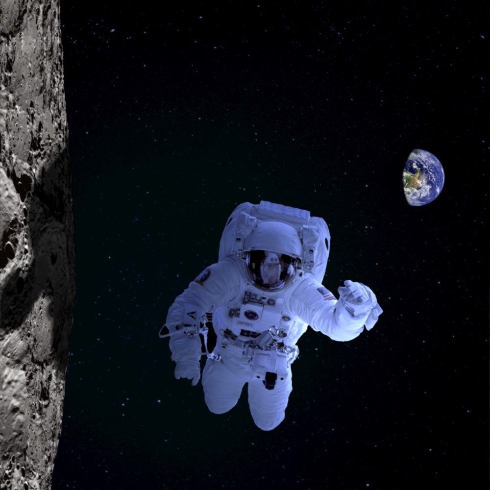 A man who wears a space suit is floating between the Moon and the Earth